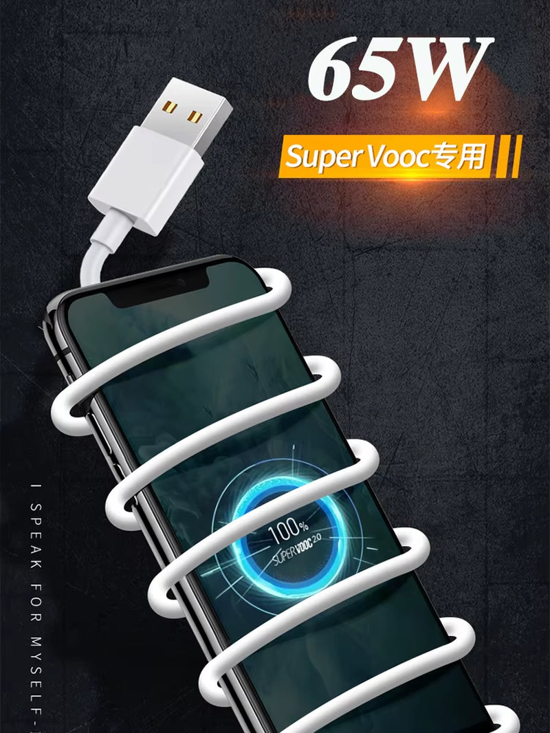 65W Supervooc 2.0 Fast Charger for OPPO Reno Ace Ace2 Reno4 Reno5 Reno6 Reno7 Reno5K SE Pro Pro+ 5G USB Type-C Cable