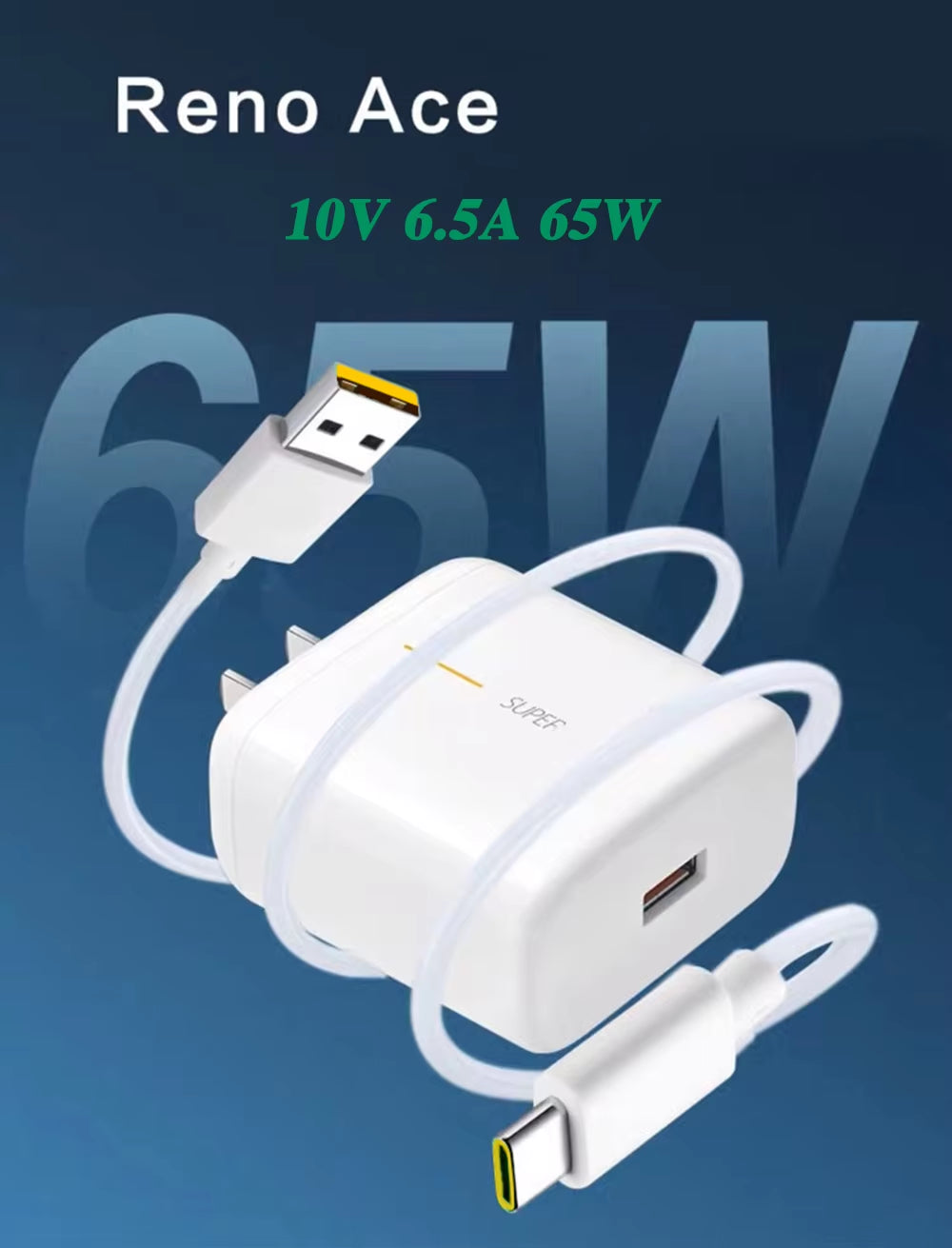 65W Supervooc 2.0 Fast Charger for OPPO Reno Ace Ace2 Reno4 Reno5 Reno6 Reno7 Reno5K SE Pro Pro+ 5G USB Type-C Cable