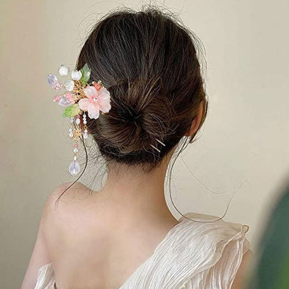 Chinese Dangling Hair Sticks,Pink Flower Chinese Hair Sticks with Tassel,Ancient Chinese Hair Accessories for Women