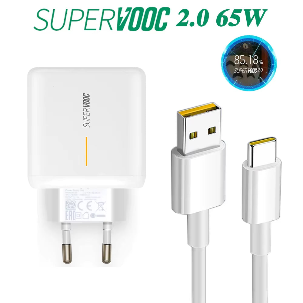 65W Supervooc 2.0 Fast Charger for OPPO Reno Ace Ace2 Reno4 Reno5 Reno6 Reno7 Reno5K SE Pro Pro+ 5G USB Type-C Cable