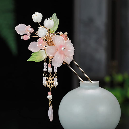 Chinese Dangling Hair Sticks,Pink Flower Chinese Hair Sticks with Tassel,Ancient Chinese Hair Accessories for Women